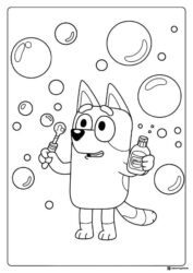 Bluey Blowing Bubbles Coloring Page with Floating Bubble Shapes