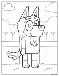 Bluey Character Coloring Page Standing by Fence Outdoors