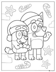 Bluey Christmas Coloring Page with Santa Hats and Candy Canes