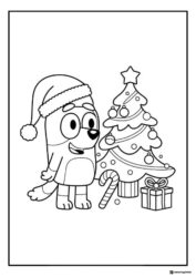 Bluey Christmas Coloring Page with Tree Gifts and Candy Cane
