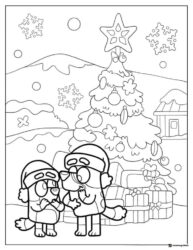 Bluey Christmas Coloring Page with Tree and Presents