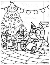 Bluey Christmas Morning Coloring Page with Tree and Presents
