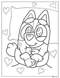 Bluey Coloring Page Cuddled Up in Bed with Hearts