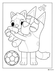 Bluey Coloring Page Hugging a Plush Toy Beside a Soccer Ball