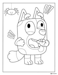 Bluey Coloring Page Looking Surprised at a Hanging Spider