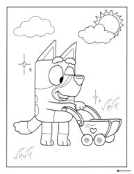 Bluey Coloring Page Pushing a Toy Stroller on a Sunny Day