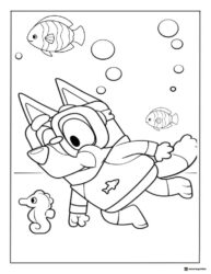 Bluey Coloring Page Underwater with Fish and a Seahorse Friend