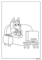 Bluey Coloring Page Watching TV and Eating Popcorn