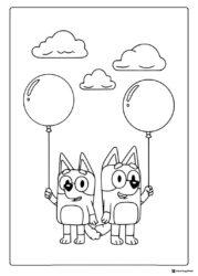 Bluey Coloring Page with Balloons and Cloudy Sky
