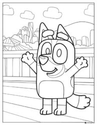 Bluey Coloring Page with City Skyline and Raised Arms