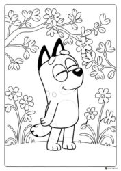 Bluey Coloring Page with Flower Garden Background