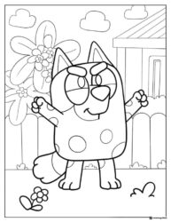 Bluey Coloring Page with Raised Arms in Flower Garden