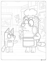 Bluey Cooking Coloring Page with Chef Dad in the Kitchen