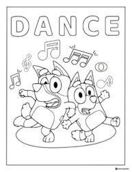 Bluey Dance Party Coloring Page with Music Notes and Happy Moves