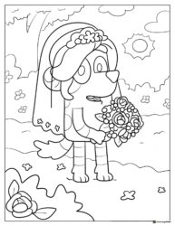 Bluey Dog Bride Coloring Page with Flowers and Veil