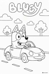 Bluey Driving Coloring Page with Smiling Face and Trees