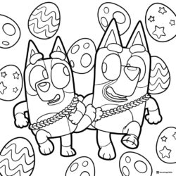 Bluey Easter Coloring Page with Colorful Floating Eggs