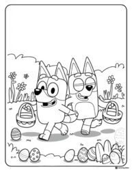 Bluey Easter Egg Hunt Coloring Page with Baskets and Flowers