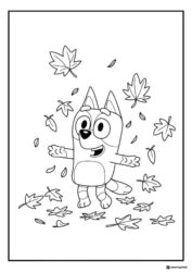 Bluey Fall Leaves Coloring Page with Happy Leaf Toss Scene