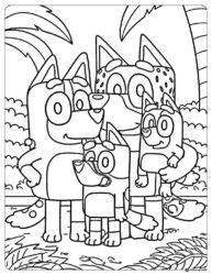 Bluey Family Coloring Page with All Four Members in a Tropical Setting