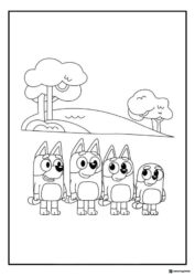 Bluey Family Coloring Page with Four Characters Holding Hands