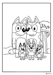 Bluey Family Coloring Page with Parents and Kids Outdoors