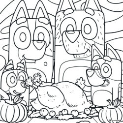 Bluey Family Coloring Page with Thanksgiving Turkey Dinner