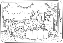 Bluey Family Dinner Coloring Page with Outdoor String Lights