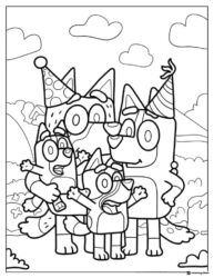 Bluey Family Party Coloring Page with Hats and Hugs in Nature