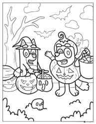 Bluey Halloween Coloring Page with Pumpkins and Ghost