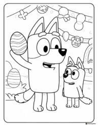 Bluey Holding an Easter Egg Coloring Page with Party Decorations