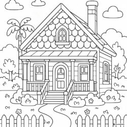 Bluey House Coloring Page with Fence Trees and Clouds