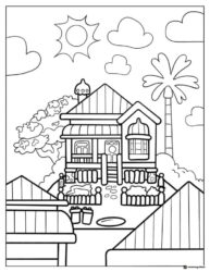 Bluey House Coloring Page with Trees and Sunny Sky