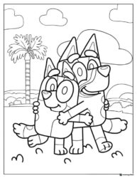 Bluey Hugging Dad Coloring Page with Palms and Sunny Sky