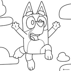 Bluey Jumping in the Clouds Coloring Page with Surprised Face