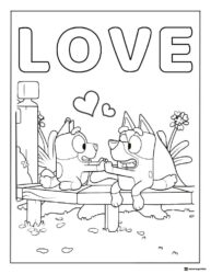 Bluey LOVE Bench Scene Coloring Page with Hearts and Flowers