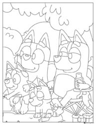 Bluey Picnic Coloring Page with Family and Snacks