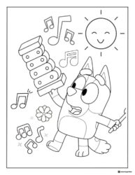 Bluey Playing Xylophone Coloring Page with Music Notes and Sunshine