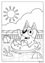 Bluey Pool Coloring Page with Beach Balls and Inner Tube