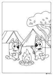 Bluey Roasting Marshmallows Coloring Page with Tents and Fire