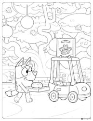 Bluey Shopping Coloring Page with Toy Car and Forest