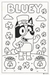 Bluey St. Patricks Day Coloring Page with Shamrocks