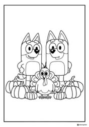 Bluey Thanksgiving Coloring Page with Turkey and Pumpkins