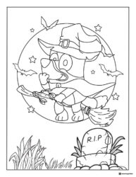 Bluey Witch Coloring Page Flying on Broomstick with Spooky Moon
