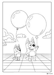Bluey and Bingo Coloring Page Holding Large Balloons