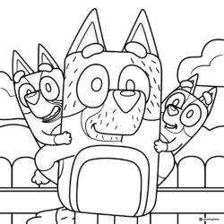 Bluey and Dad Coloring Page with Kids Hugging from Behind