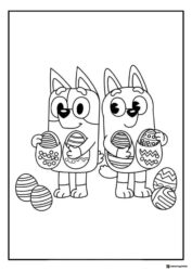 Bluey and Friend Coloring Page with Decorated Easter Eggs