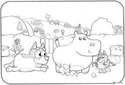 Bluey and Hippo Coloring Page with Backyard Background