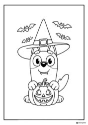 Bluey in Witch Hat Halloween Coloring Page with Pumpkin