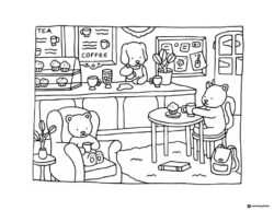 Bobbie Goods animals at a cozy coffee shop coloring
